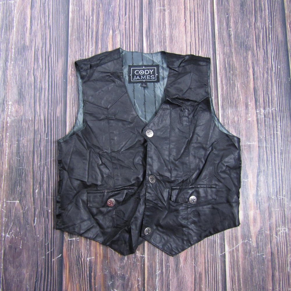 Cody James Vest Womens L Black Faux Leather Belted Button Front Western Cowboy